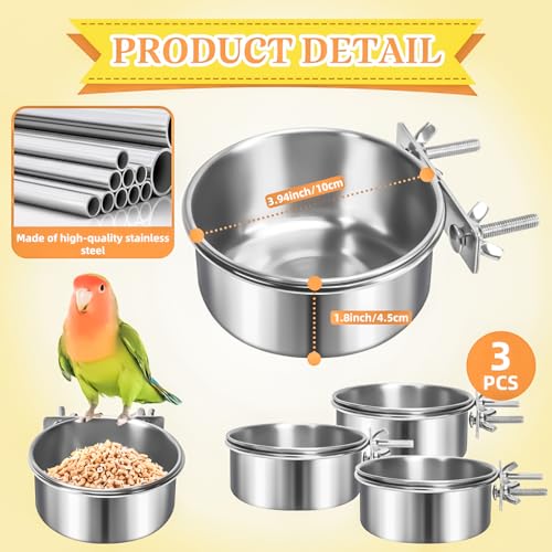 3 Pack Bird Feeding Bowls Cups Parrot Food Water Dishes, Stainless Steel Bird Bowl Cup Dish with Clamp, Birdcage Feeder Pet Cage Bowls for Parrot Cockatiel Budgie Conure Parakeet Small Animal - size: 3 Pack