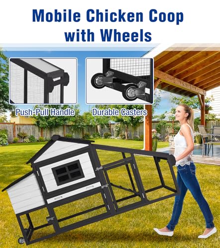 Chicken Coop with Run and Wheels Outdoor Poultry Hen House with Slide-Out Tray Chicken Cage Weatherproof Roof Predator-Proof for Backyard Black and White - color: 72.3"L Black & White