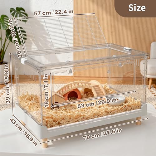 Hamster Cage15.4 High Panoramic Clear Syrian Playhouse | 470 Sq In cozy retreat floor, 6.5" deep burrowing tray, 2.8" elevated thermal legs, 5-min foldable assembly - size: 27.5"L x 16.9"W x 15.4"H