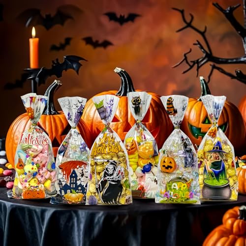 QOIUSO 100 PCS Halloween Clear Cellophane Treat Bags: Clear Candy Bags with 110 Twist Ties for Gooide Cookies Gifts and Party Favors Packaging, Halloween Trick or Treat Party Supplies - 6 Style - color: Halloween-100pcs