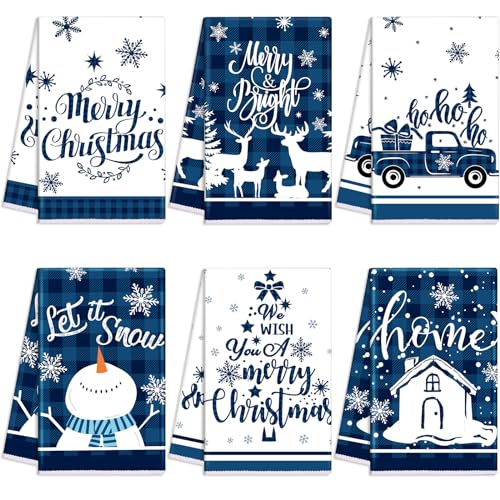 Oudain Sets of 6 Christmas Kitchen Towels Xmas Dish Towel Blue Buffalo Plaid Winter Elk Snowman Cottage Truck Hand Dishcloths Kit Novelty Gifts for Party Supplies Kitchen Bathroom Decor - color: Blue Plaid