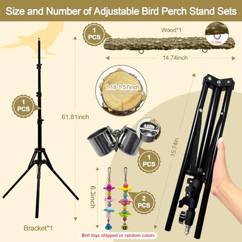 16-63 Inch Height Adjustable Bird Perch Pepper Wood Parrot Training Perch Stand with Feeding Cups and Swing Toy Parakeet Perches Indoor and Outdoor Parrot Stands for Small to Medium Bird - size: Floor Bird Perch with Feeding Cup