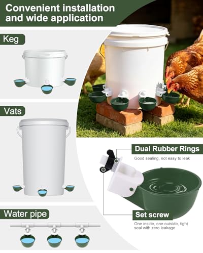 Chicken Waterer Cups (8 Pack) with 3/8" Drill Bit - Green | Automatic Poultry Drinker Feeder Kit for Chickens, Ducks, Turkeys, Quail, Bunnies | DIY Gravity Fed Bucket Water Dispenser - color: Green, size: 8 Pack + Drill bit