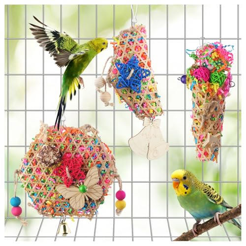 Bird Toys, Parakeet Foraging Toy, Hanging Chewing Toy, Bird Cage Accessories – Suitable for Cockatiels, Budgies, Lovebirds, Conures and Other Small Parrots - color: 3 pieces bamboo