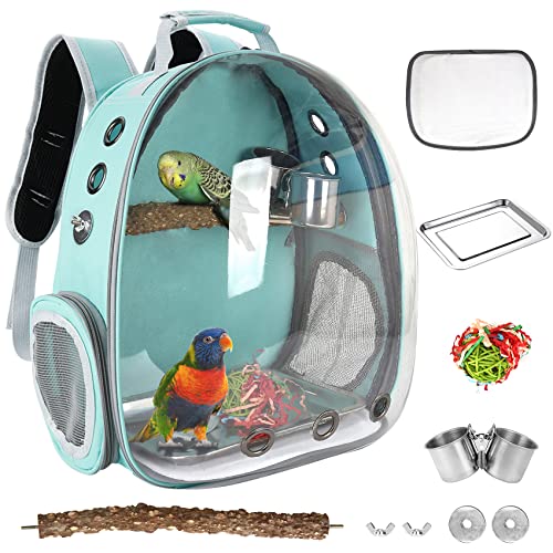 Bird Carrier, Portable Bird Backpack Travel Cage Bag with Standing Perch | Includes Food Bowl & Stainless Steel Tray, for Wildbird Parrot Parakeet Cockatiel Conures Budgie Canary Lovebirds Small Pet