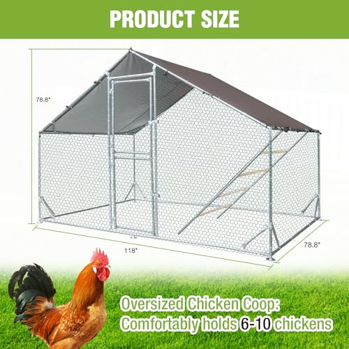 Large Chicken Coop for 10 Chickens Chicken Runs for Yard with Cover Metal Poultry Cage with Perch Hen House Chicken Pen Outdoor - size: 118"L x 78.8"W x 78.8"H