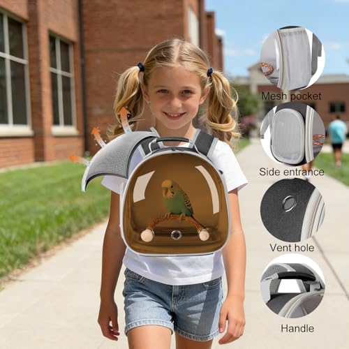 Bird Travel Backpack Carrier with Metal Tray and Standing Perch, Polarized Tint Brown Space Capsule Astronaut Bubble Hard Window - color: Brown