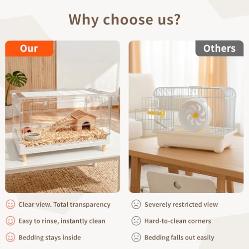 Hamster Cage15.4 High Panoramic Clear Syrian Playhouse | 470 Sq In cozy retreat floor, 6.5" deep burrowing tray, 2.8" elevated thermal legs, 5-min foldable assembly - size: 27.5"L x 16.9"W x 15.4"H