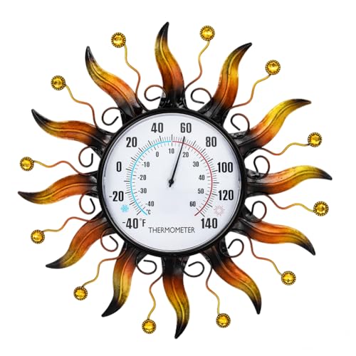 VEWOGARDEN 13.5 Inch Metal Sun Outdoor Thermometer Waterproof Decorative Wall Indoor Outdoor Thermometer for Patio, Garden & Home Decor - style: Sun(yellow)