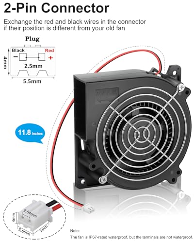 GDSTIME 120mm x 32mm Blower 12V Waterproof IP67 Fan 2Pin Dual Ball Bearing | High Airflow, Squirrel Cage, DC Brushless, Centrifugal, for RV Fridge, Car Audio Amplifiers, PSU, Inverter, Fireplace Cooling - size: 120x32mm