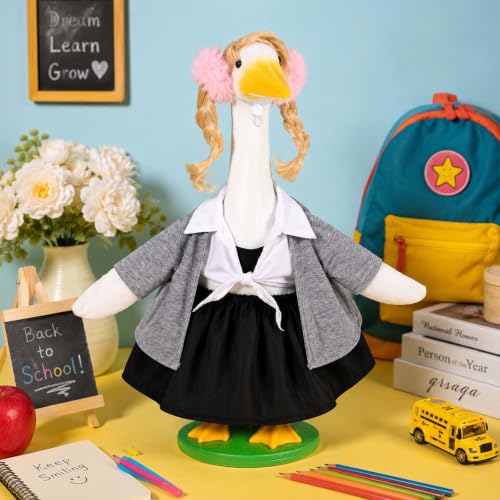 Bolsome Back to School Porch Goose Outfits School Uniform Dress with Pigtails Fits 23" Cement Plastic Goose Statue for Outdoor Garden Lawn Yard Patio Decor