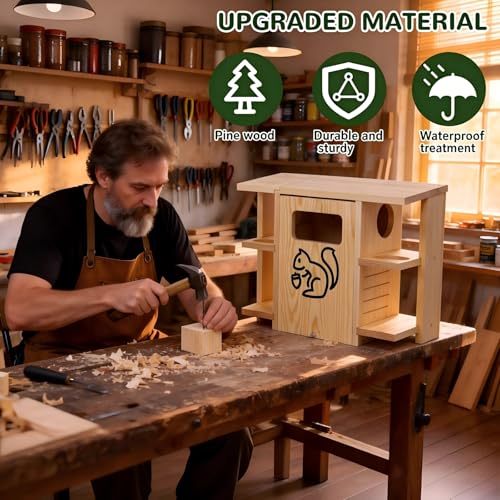 Widened Extra Large Wooden Squirrel Family House for Outside | Dual Protective Entry Design, with Squirrel Feeder, Squirrel Nesting Box with Multi-Platforms for Nesting & Shelter - size: Widened Extra Large