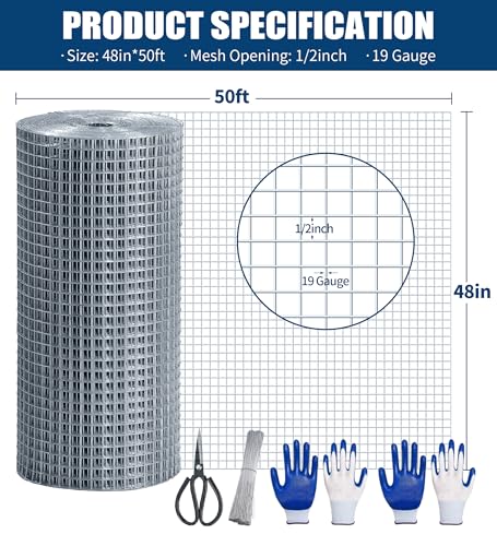 Hardware Cloth 1/2 Inch, 19GA Hot Dip Galvanized Chicken Wire Fencing Mesh | 48in×50ft Wire Mesh Rolls Welded Chicken Wire Fencing for Chicken Coop Barrier, Poultry Netting Cage Wire Fence - color: Silver(48in*50ft)