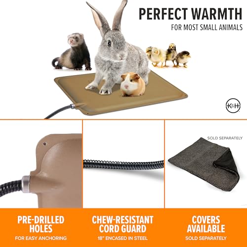 K&H Pet Products Small Animal Outdoor Heated Pad, Waterproof, Chew Resistant, Safety Listed, Indoor Outdoor Heater Warming Pad for Cat Houses, Rabbit Hutches, or Chick Brooders - 12 X 9in Tan 25W - size: Petite 9 X 12 Inches