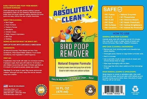 Absolutely Clean Amazing Bird Poop Cleaner Spray - Just Spray/Wipe - Safely & Easily Removes Bird Messes - Use Indoor/Outdoor - Made in The USA - size: 16 Fl Oz (Pack of 1)