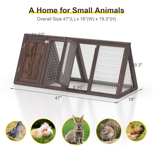 Outdoor Chicken Coop Wooden A-Frame Small Animal Coop Rabbit House Quail Cages with Outdoor Runs & Ventilated Wire Fence Suitable for Garden Backyard Farms 47 x 18 x 19.5 in (Brown) - color: Brown