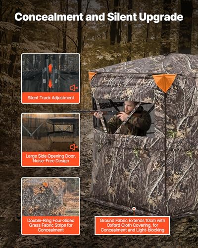 VEVOR Hunting Blind，See Through Ground Blinds with Carrying Bag, 360 Degree Portable Camouflage Tent，Durable Concealed Shelter with Silent Side Door and Window, for Turkey and Deer - size: 2-3 Person（360° See Through ）