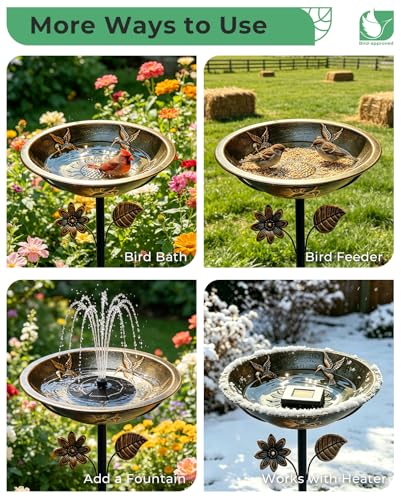 Metal Bird Bath for Outside Hummingbird Embossed Bowl with Stake | 13" W 3" Deep Birdbath Bowl, Adjustable Height, Removable Easy to Clean, 5-Prong Stake, Rust Resistant, Garden Decor