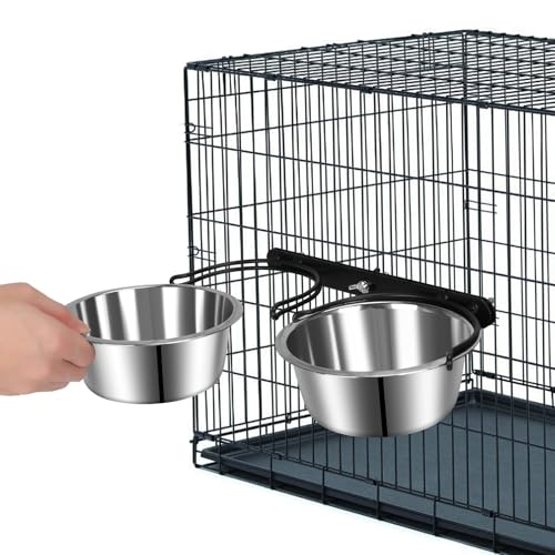 Dog Crate Water Bowl No Spill, ShineMe Dog Food and Water Bowl Set Mountable, Hanging Feeding Bowls for Dogs Cage - 28oz Crate Bowls for Small & Medium Dogs, Cats, Pets - color: 2 in 1 Silver (28oz+28oz)