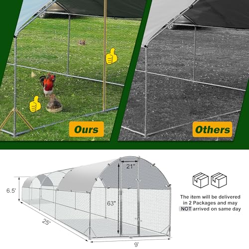 TOLEAD Large Metal Chicken Coop Upgrade Tri-Supporting Wire Mesh Chicken Run,Chicken Pen Walk in with Water-Resident and Anti-UV Cover,Duck Rabbit House Outdoor (Dome Roof 25'L x 9'W x 6.5'H) - size: 300.0"L x 108.0"W x 78.0"H