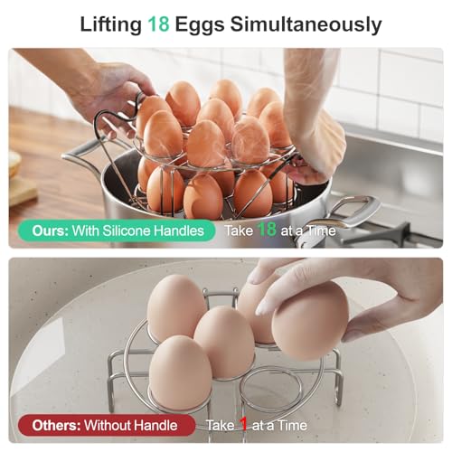 Instant Pot Egg Rack - Stackable 18 Egg Steamer, for 6/8 Qt Cooker | Stackable 18 Egg Capacity, Silicone Handles, 304 Stainless Steel, Easy Lift for 6/8 Qt Pressure Cooker, Dishwasher Safe - color: Silver with Handles-2 Pack