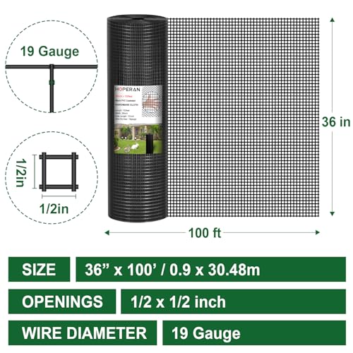 HOPERAN Black Hardware Cloth 1/2 Inch 36 x 100 Ft 19 Gauge Chicken Wire | Vinyl Coated, PVC Coated Welded Mesh Roll, for Garden Fencing Gopher Wire Rabbit Cage Poultry Netting - size: 1/2inch 36in×100ft