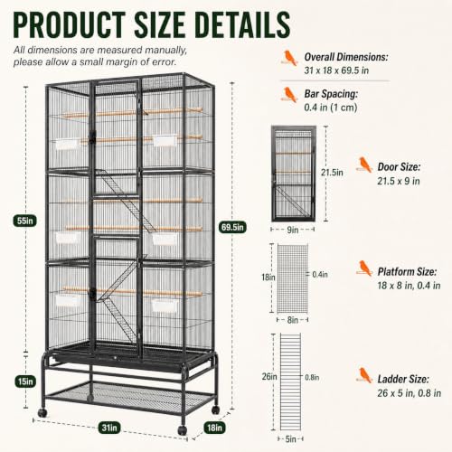 69.5 Inch Extra Large Wrought Iron Parrot Cage Divided Breeding Cage with Grid Dividers Built in Pet Door Pedal Lock Wheels for Parrot Turtledove Oriole Cuckoo Black