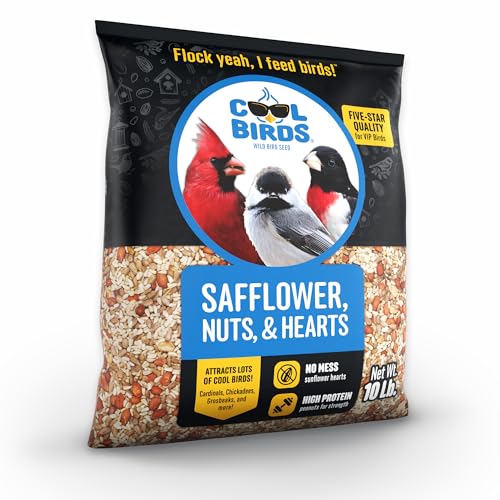 Cool Birds Safflower, Nuts & Hearts Wild Bird Seed, 10 lb | Gourmet Bird Food with Safflower, Sunflower Hearts & Peanuts. No Corn, Milo or Millet, No Waste Bird Food for Outside Feeders
