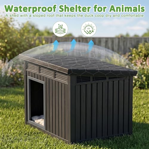 VIXZEN Chicken Coop, Resin PP Material Outdoor Duck House, Wood Grain Finish Sloped Roof Poultry Shelter, Gas Strut Top Opening Ventilated Duck Coop with Spacious Interior & Easy Assembly，Black - color: Black, size: 32.2"L x 25.1"W x 24.1"H