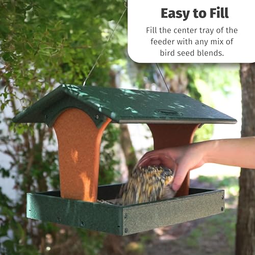 DutchCrafters Plastic Poly Covered Roof Hanging Fly Through Bird Feeder Open Side Platform Seed Tray for Outside Outdoor Garden - Amish American Made in USA (Turf Green & Cedar) - color: Turf Green & Cedar