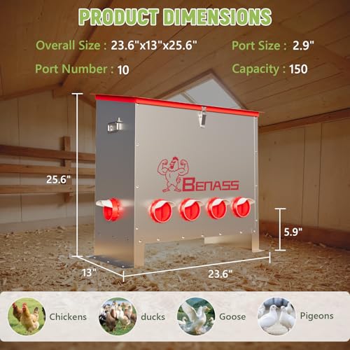 Metal Chicken Feeder, 150 LBs, 10 Ports | Automatic, No-Wase, Predator Proof Latch, Weatherproof, Anti-Tip Stakes, with Vegetable Hanging Feeder - size: 150 LB-10 Ports