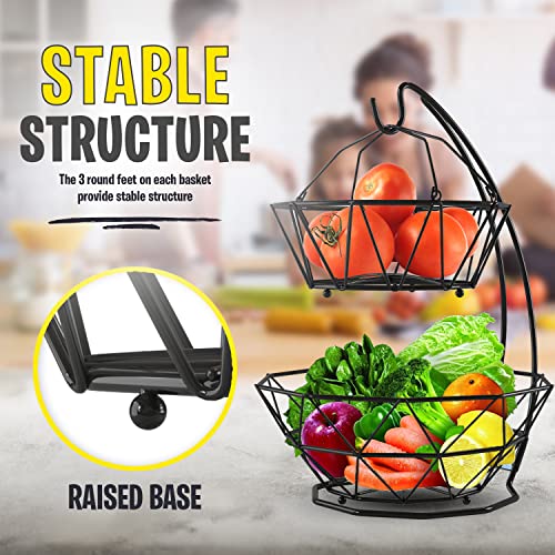 Fruit Basket with Banana Hanger and Fruit Bowl. Kitchen Counter Fruit Bowl with Banana Holder used as Bread, Vegetable or Produce Basket, Egg Holder, 2 Tier - size: 2-Tier