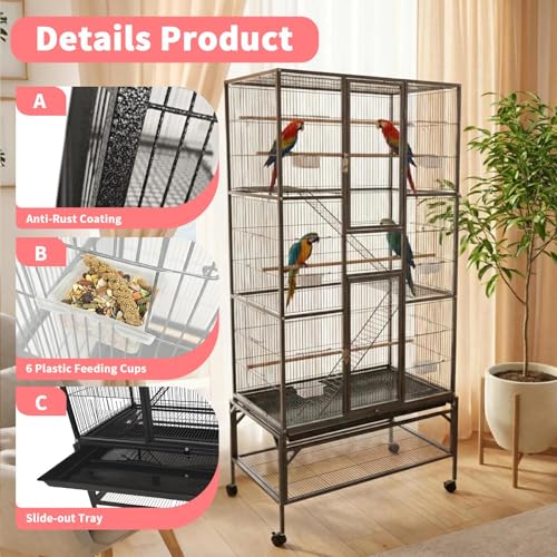 Wrought Iron Flight Cage Large Rolling Parrot Cage with Divided Breeding Function for Parrot Turtledove Oriole Cuckoo Budgie Parrotlet Comes with Slide Out Tray Lockable Door 4 Wooden Perches