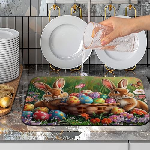 Easter Bunny Eggs Dish Drying Mat for Kitchen Counter 16x18 Inch Spring Easter Rabbit Flowers Drying Mat Microfiber Dish Drainer Rack Mats Absorbent Reversible Dishes Pad Dish Dryer Mat - color: Easter Egg Bunny, size: 16" x 18"