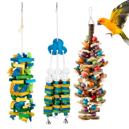 Seenelling 3 Pcs Extra Large Bird Toys for Parrots, Blue Block | Multicolored Natural Wooden Blocks & Beads Bells, Bird Cage Chewing Toys for Large Medium Macaws African Grey Cockatoos - style: Blue Block