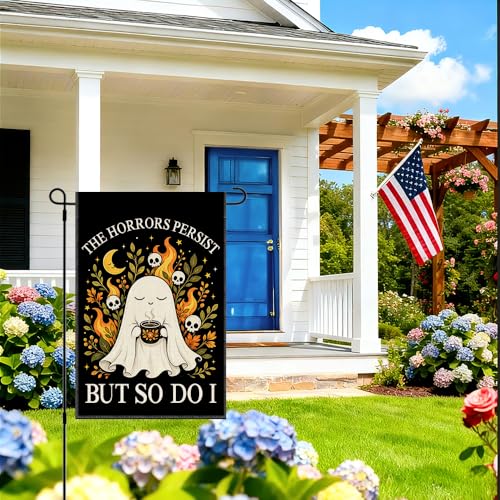 RZHV The Horrors Persist But So Do I Double-Sided Garden Flag for Outdoor House Yard Sign Garden Decor Parade, Funny Motivational Fall Ghost Outdoor Banner, Halloween Social Justice Front Yard Flag - color: Horrors G