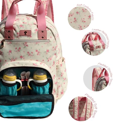 Diaper Bag Backpack Corduroy Multifunction Baby Fashion Travel Pack office Laptop Bag - color: White Pink Flower