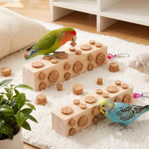 Bird Foraging Toy Parakeet Toys for Budgie, Conure, Cockatiel, Lovebird, and Small to Medium Parrots, 2 Pack Hanging Parrot Toy with 92 Detachable Corks, Natural Wood