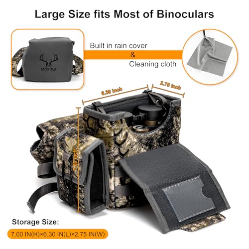 Binocular Harness Chest Pack - Rangefinder Pouch for Hunting Camo | Silent one-handed access, bino case with rain cover and removable pouch , MOLLE webbing for birdwatching and hiking - color: Camo