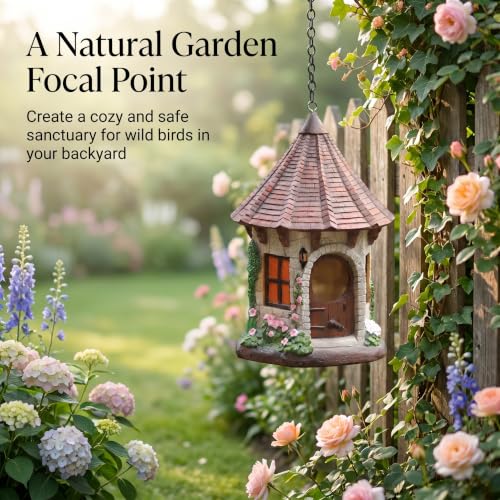 Hanging Bird House for Outside, Cone-Roof Resin Bluebird House with Hanging Chain, Waterproof & Practical Forest Bird Houses, Decorative Stone Hanging Birdhouse for Yard Garden Outdoor Decor