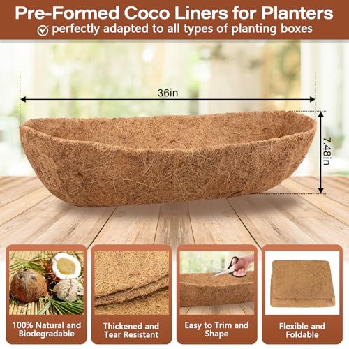4PCS 36 Inch Natural Trough Coco Coir Liners Planters Replacement, Pre-Formed Window Basket Coconut Coir Fiber Liner for Garden Window Flower Box Pots, Fence Trough Planter, Wall Planter Basket - size: 36inch