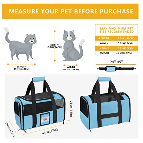 17" Soft Cat Carrier with Shoulder Strap for Travel-Blue | TSA compliant fits under seat, soft-sided lightweight, breathable, top/side entry with zippers,collapsible food bowl - color: Blue