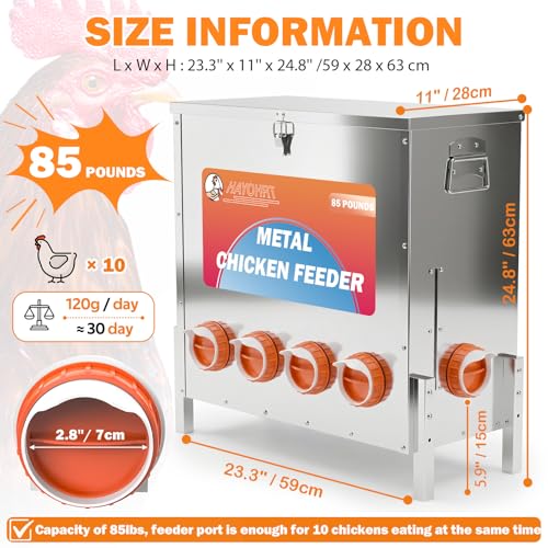 85LBS of Feed Chicken Feeder No Waste 10-Ports Automatic Large Poultry Feeder with Adjustable Legs Perspective Window Latch & Handle for Chickens Bantams Pheasants - size: 10 Ports - 85-120 LBS