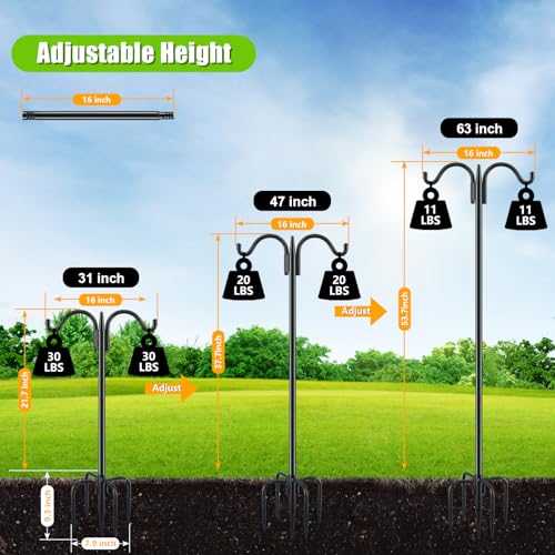 Gtongoko Bird Feeder Pole for Outdoors Heavy Duty, 2 Pack 63 Inch Double Shepherds Hook with 5-Prong Stable Base, 5/8 Inch Thick Hummingbird Feeder Stand for Hanging Plants, Lanterns - size: 63 Inch