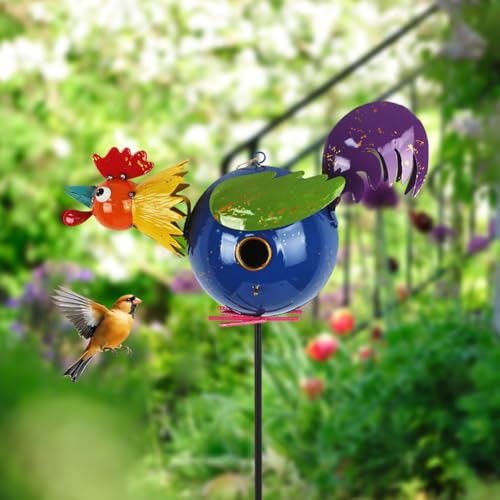 37" Bird Houses for Outside, Outdoor Metal Rooster Birdhouse with Hanging String & Poles for Patio, Yard, Garden - style: Rooster