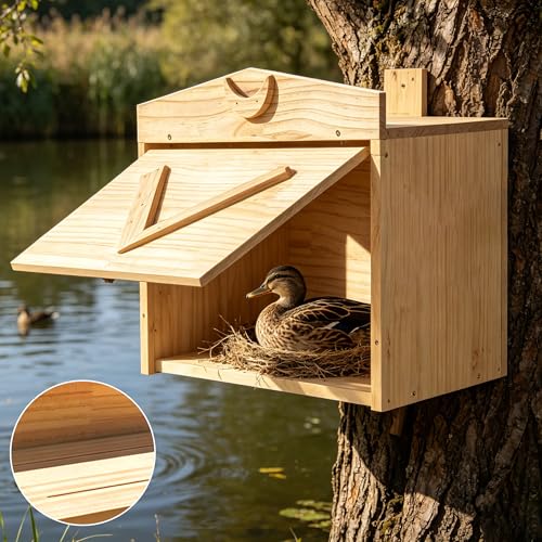 Handcrafted Solid Wood Duck House - Large Natural Outdoor Duck Nesting Box for Wood Ducks & Mergansers, Easy Pole Mounting Kit for Pond Wetland & Backyard