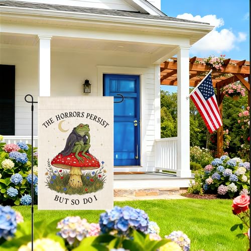 RZHV The Horrors Persist But So Do I Double-Sided Garden Flag for Outdoor House Yard Sign Garden Decor Parade, Motivational Frog Mushrooms Summer Outdoor Yard Banner Decor, Housewarming Flag Gifts - color: Horrors B