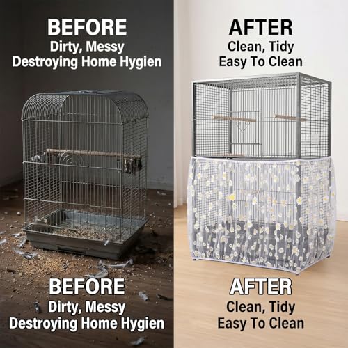 Bird Cage Seed Catcher Net Cover, Bird Cage Net, Mesh Parrot Cage Skirt Guard for Parrot Cockatiel Budgie Fits Round Square Cages(Daisy-White, 59''-87"X15.7")