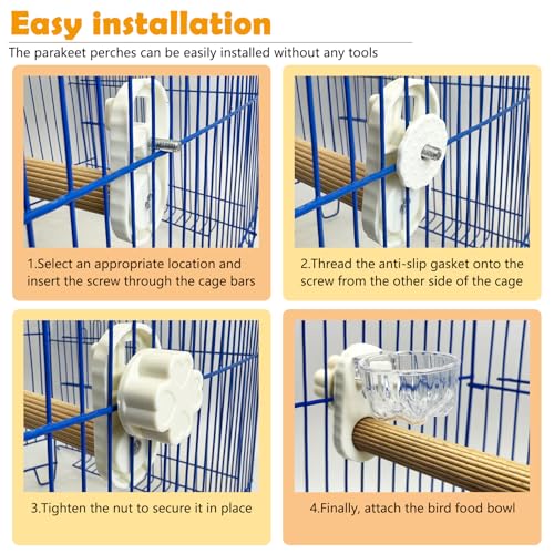 Kathson 3Pcs Bird Perch Feeding Cup Natural Wood Perches with Removable Bird Feeder for Cage Parrot Stand for Parakeets, Budgies, Cockatiels,Parrots, Birds Chewing Stick (White) - color: White