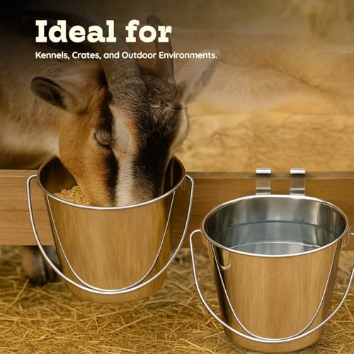 9 Quart Stainless Steel Flat Sided Bucket with Dual Hooks | 2 Pcs Food & Water Bowl for XL Dog Goat Cattle Horse & Livestock | Fits kennel Crate Cages Farm Hanging Pet Pail | Multipurpose - size: 9 Quart (Pack of 2)